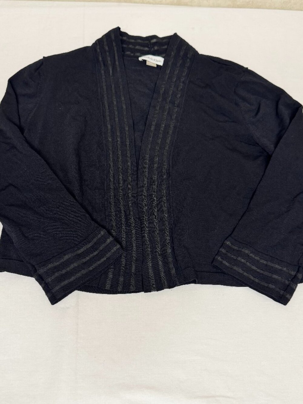 Calvin Klein XL Black Open Front Cardigan Sheer Trim Lightweight Knit